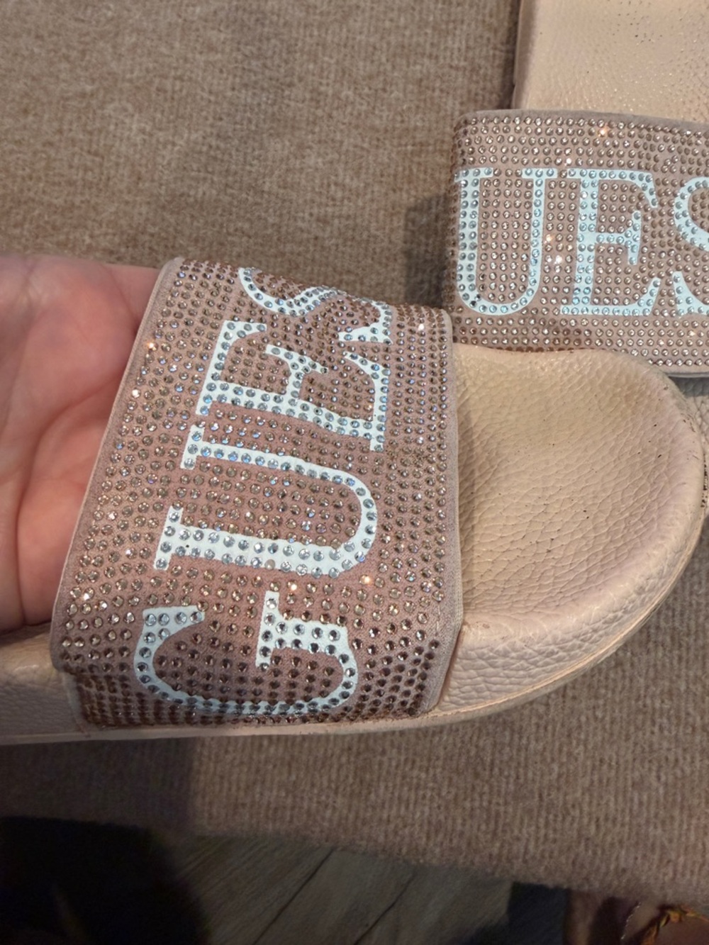 GUESS Crystal-Embellished Slide Sandals in Blush Pink